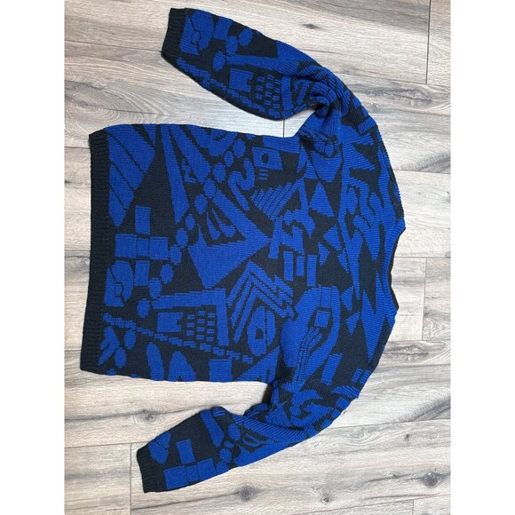 Vintage Domani Blue & Black Abstract Pattern Sweater Grandpa Academia Made In US - Picture 7 of 7